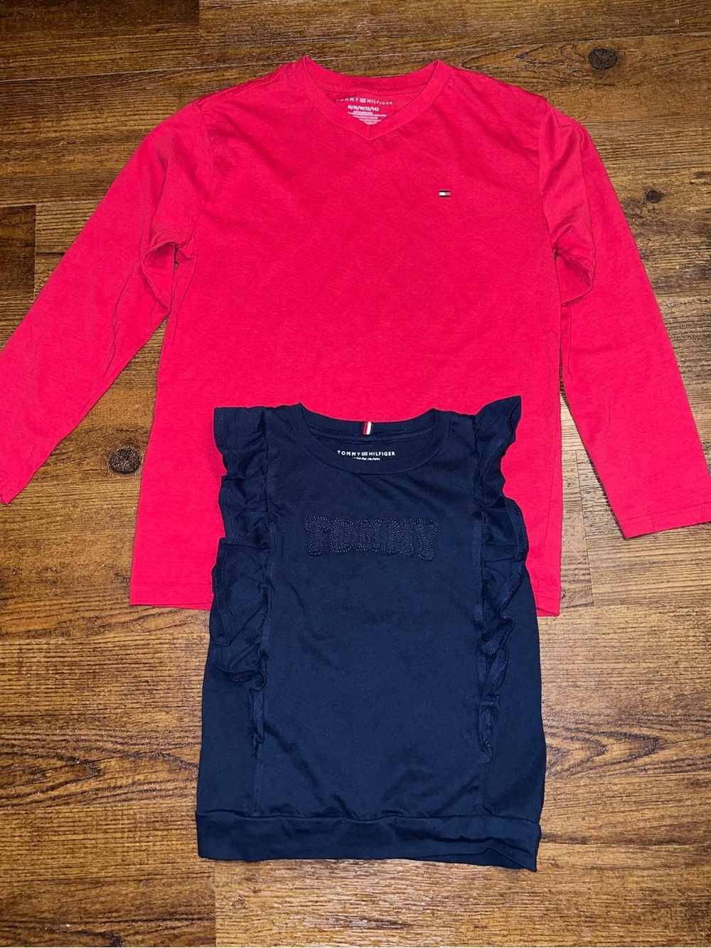 Tommy Hilfiger Red Long Sleeve Tee & Navy Ruffle Sleeve Top Bundle Kids Size M - Picture 2 of 7